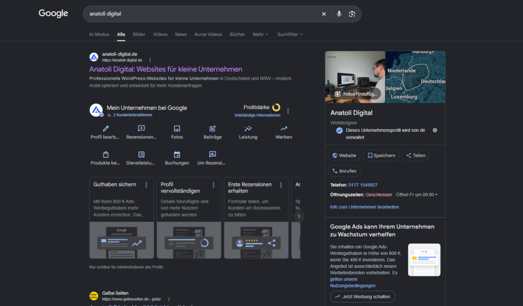 Google Unternehmensprofil von Anatoli Digital in der lokalen Google-Suche